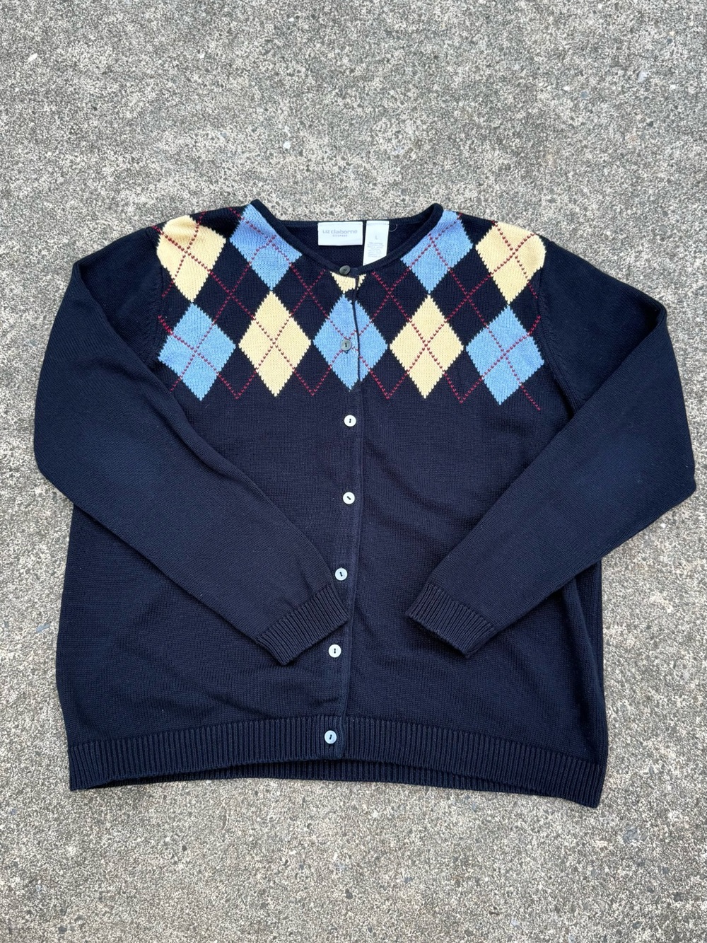 Liz Claiborne Navy Cardigan with Cream and Light Blue Argyle size L